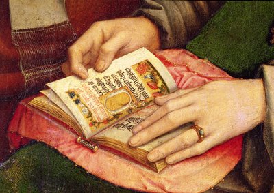 聖人と聖母子、開いた本の詳細、c.1509 作： Gerard David